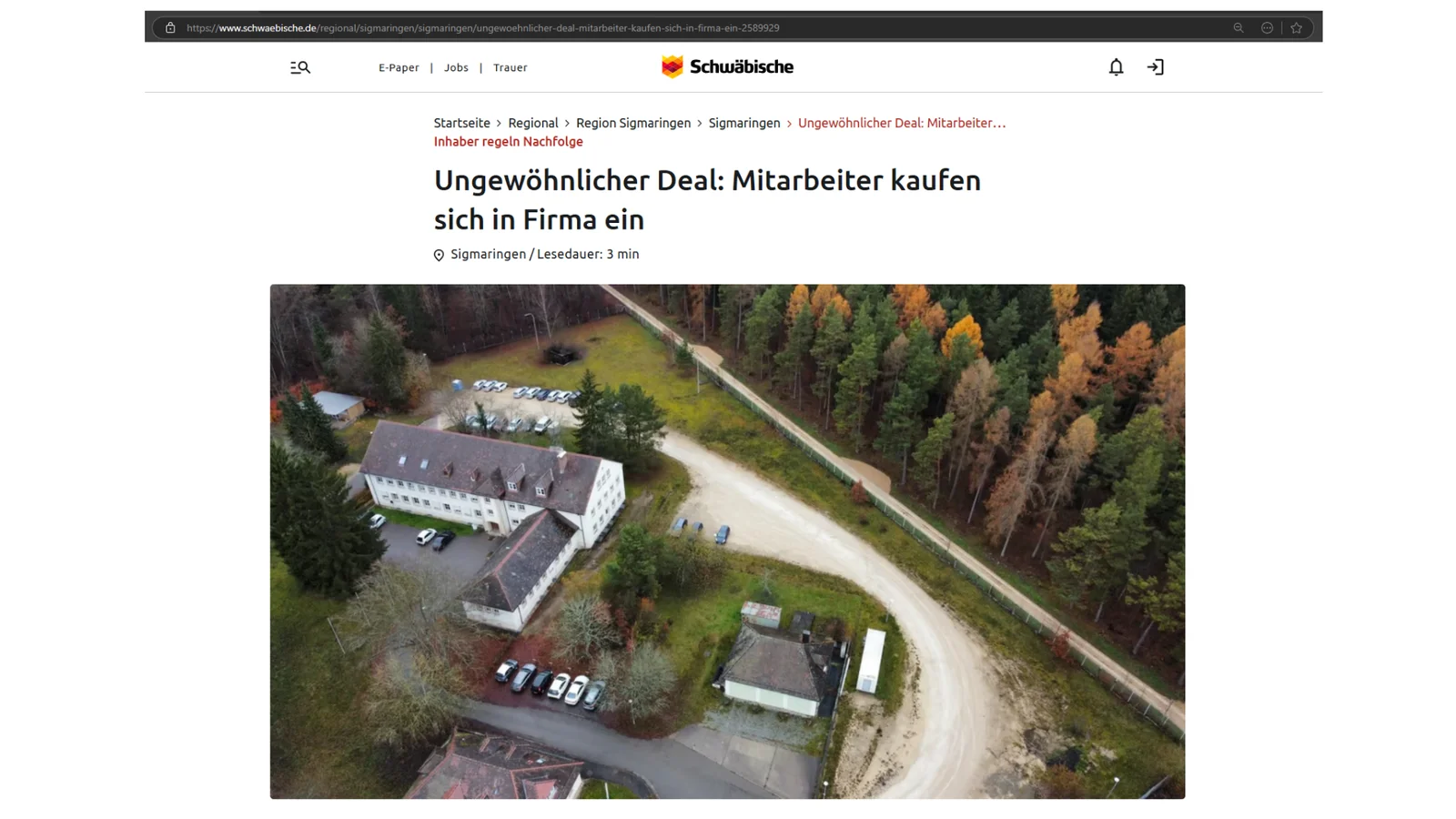 "Ungewöhnlicher Deal: Mitarbeiter kaufen sich in Firma ein" Zeitungsartikel Schwäbische Zeitung vom 08.06.2024